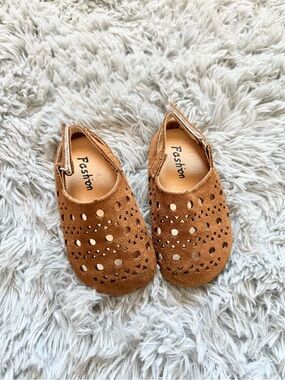 Kids Tan Suede Moccasin Slip-Ons with Cutout Design